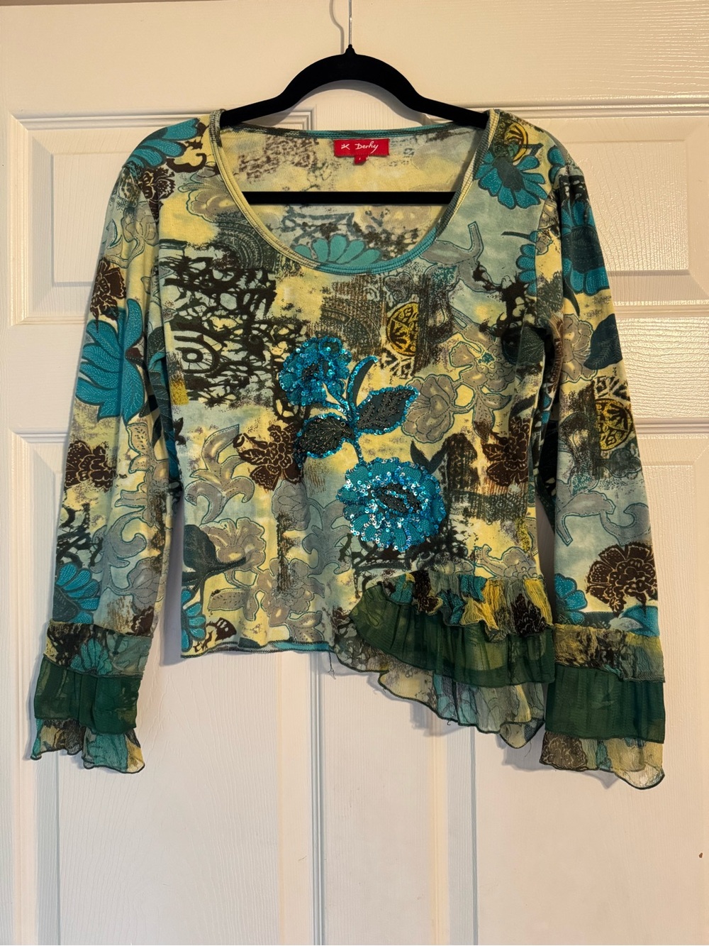 Rene Derhy Teal Floral Long-Sleeve Ruffle Top